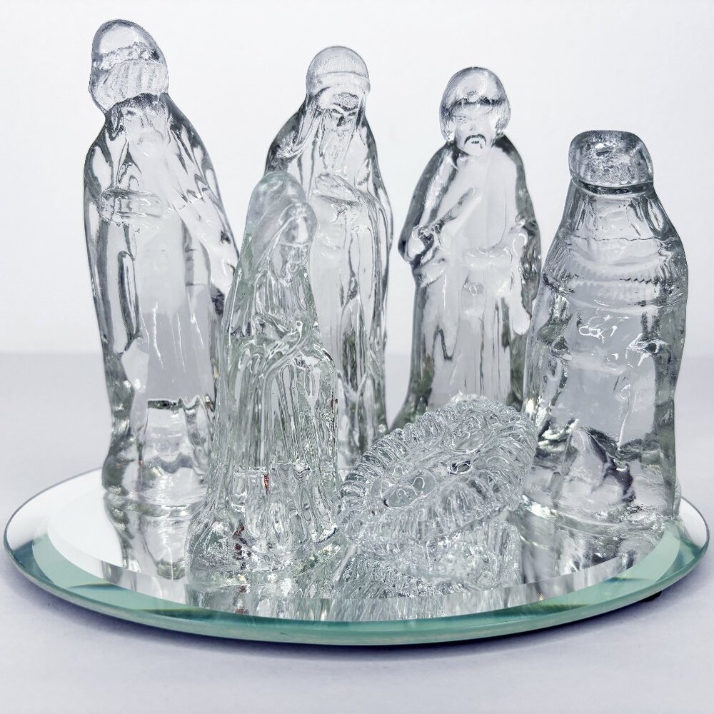Vintage 6 Piece Glass Nativity Scene w/ Mirror Base 4" Tall